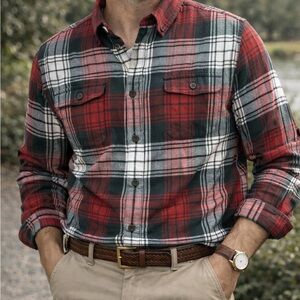 Nautica Men's Classic Red and Green Plaid Flannel Shirt